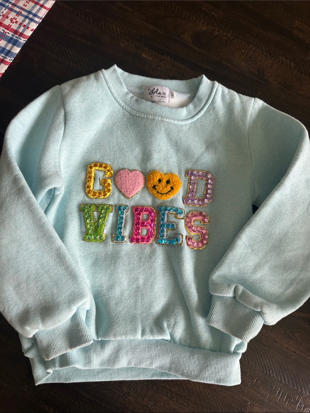 Lola + The Boys Light Blue 'Good Vibes' Sequin Sweatshirt
